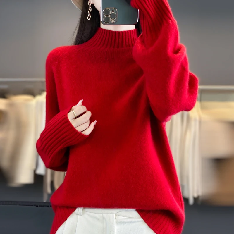 2024 Autumn/Winter New Fashionable Knitted Half High Neck Side Vertical Pattern Slimming Woolen Sweater