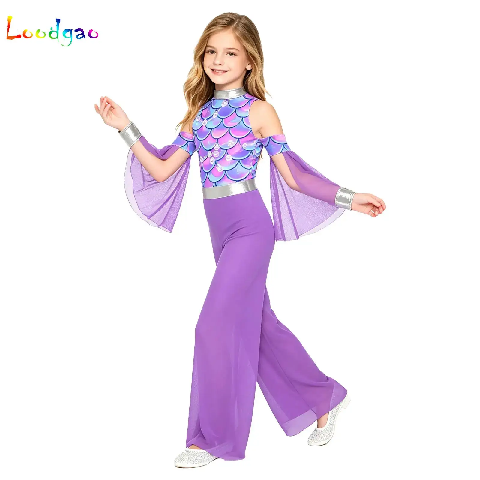 

Kids Girls Ballet Dance Jumpsuit Sleeveless Print One-piece Build in Briefs Mesh Wide-Leg Bodysuit Jazz Lyrical Modern Dancewear