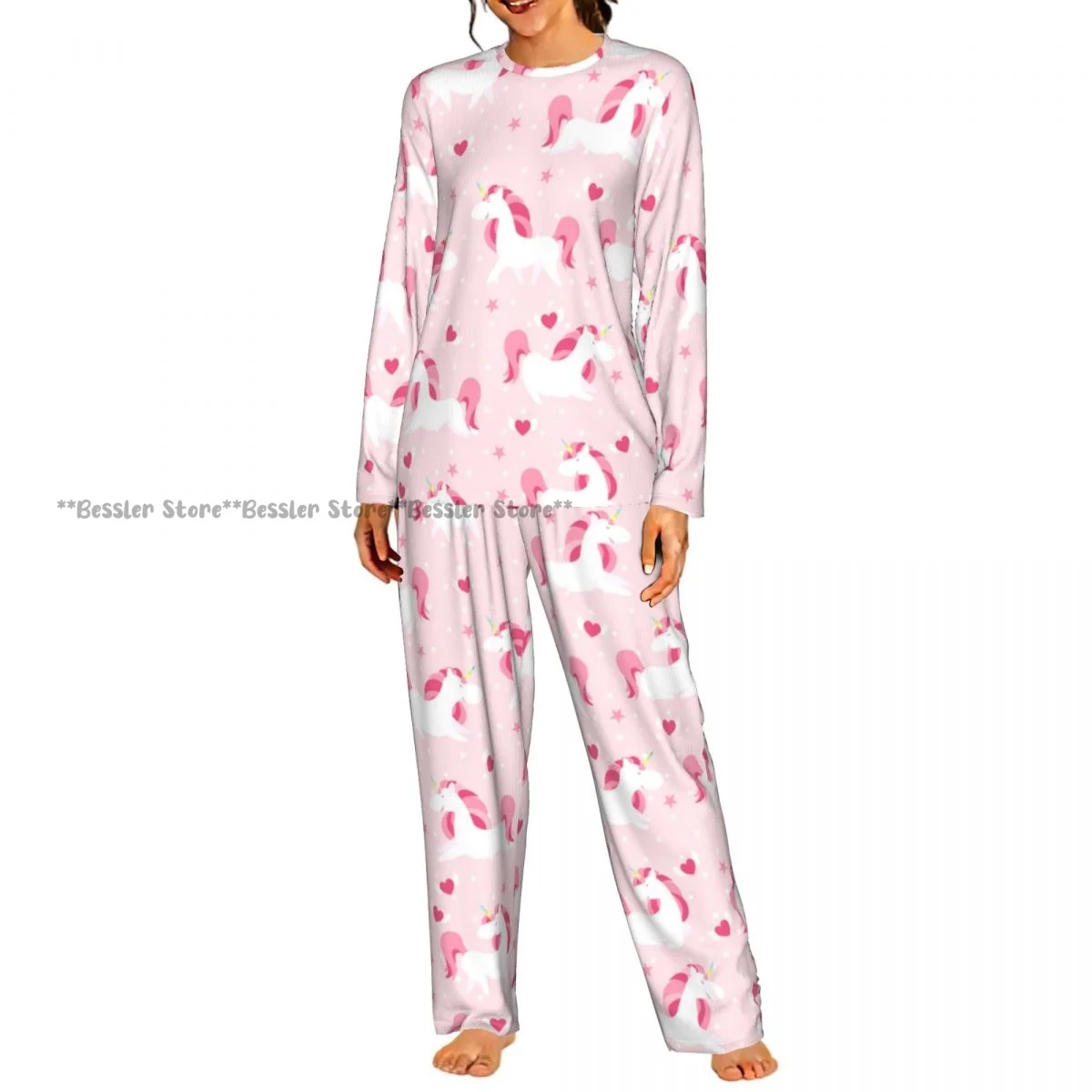 2 Piece Women Round Neck Pajamas Set Long Sleeve Long Pants Magic Unicorn Homewear Casual Daily Sleepwear