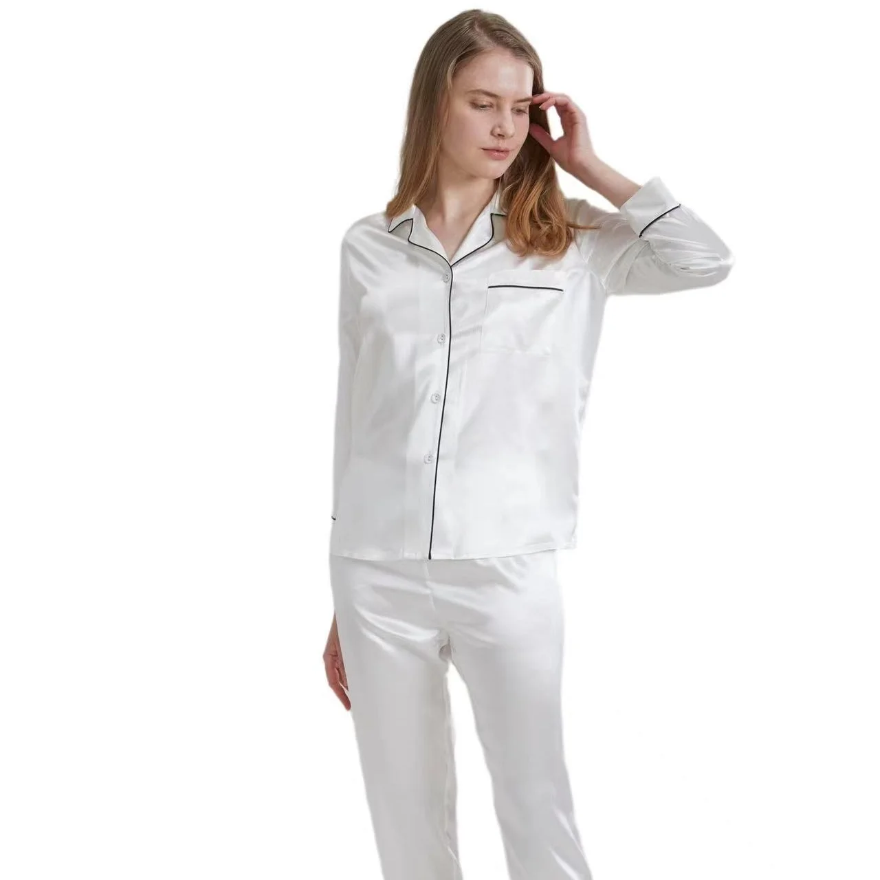 White Silk Shirt Pajamas Women 19mm 100% Pure Silk Nightwear 2 Pieces Suit 2022 Summer Pajamas Silk Shirt