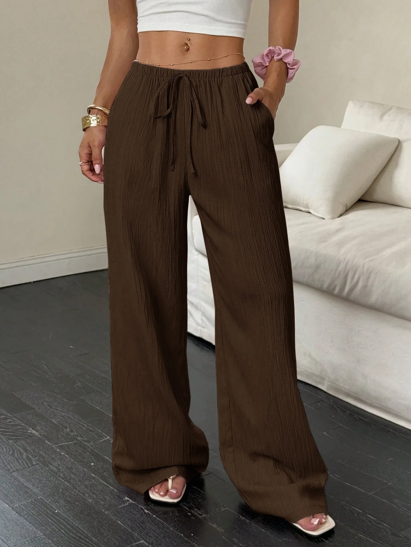 Women's Solid Color Textured Wide Leg Pants High Waist Drawstring Loose Casual Trousers Comfortable Pants For Daily Wear