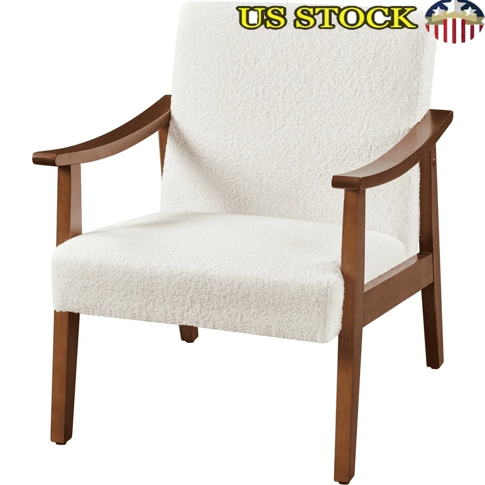 

Mid-Century Modern Accent Chair with Solid Wood Frame Ivory Boucle Upholstered Seat Adjustable Foot Pads Living Room Office
