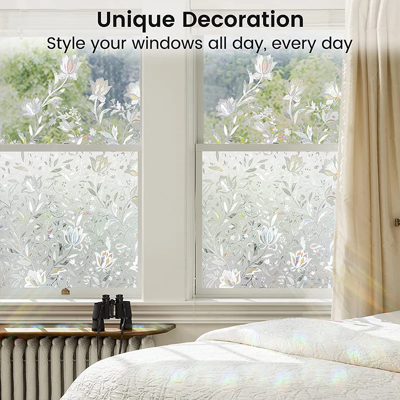 Window Privacy Film Sun Blocking Removable Window Sticker Decorative Glass Film Stained Glass Window Decals Static Cling Flowers