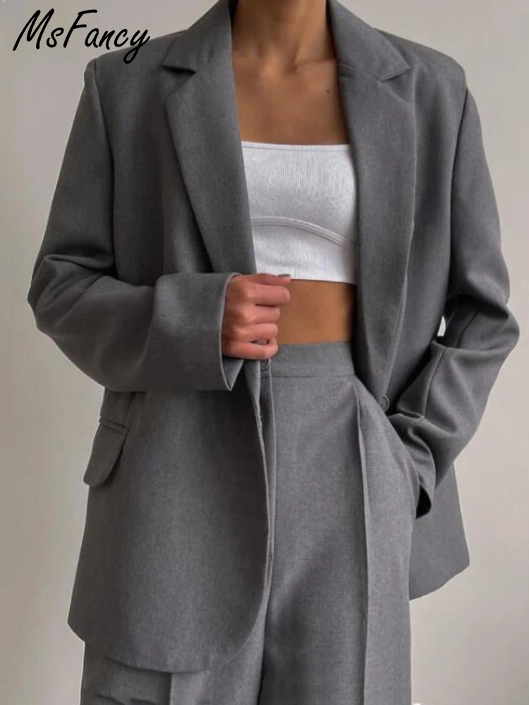 Msfancy Grey Blazer Suits Women Single button Blazer High Waist Wide Leg Trouser 2 Piece Sets Female Official Suits