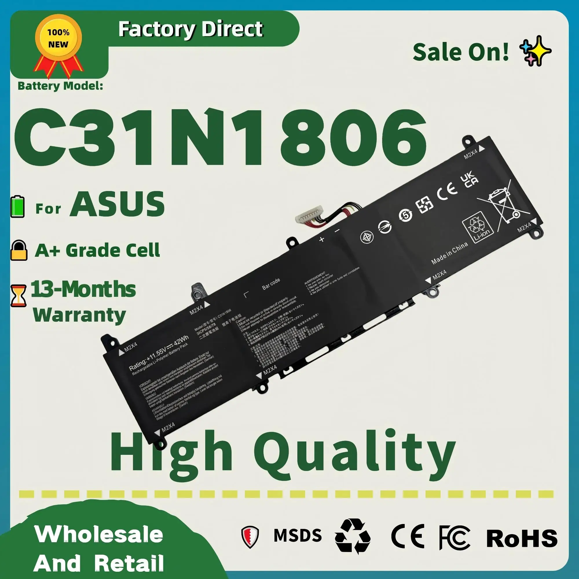 

Factory Direct! Replacement Battery C31N1806 C31PIJ1 For ASUS VivoBook S13 S330 X330FA ADOL 13 Months Warranty