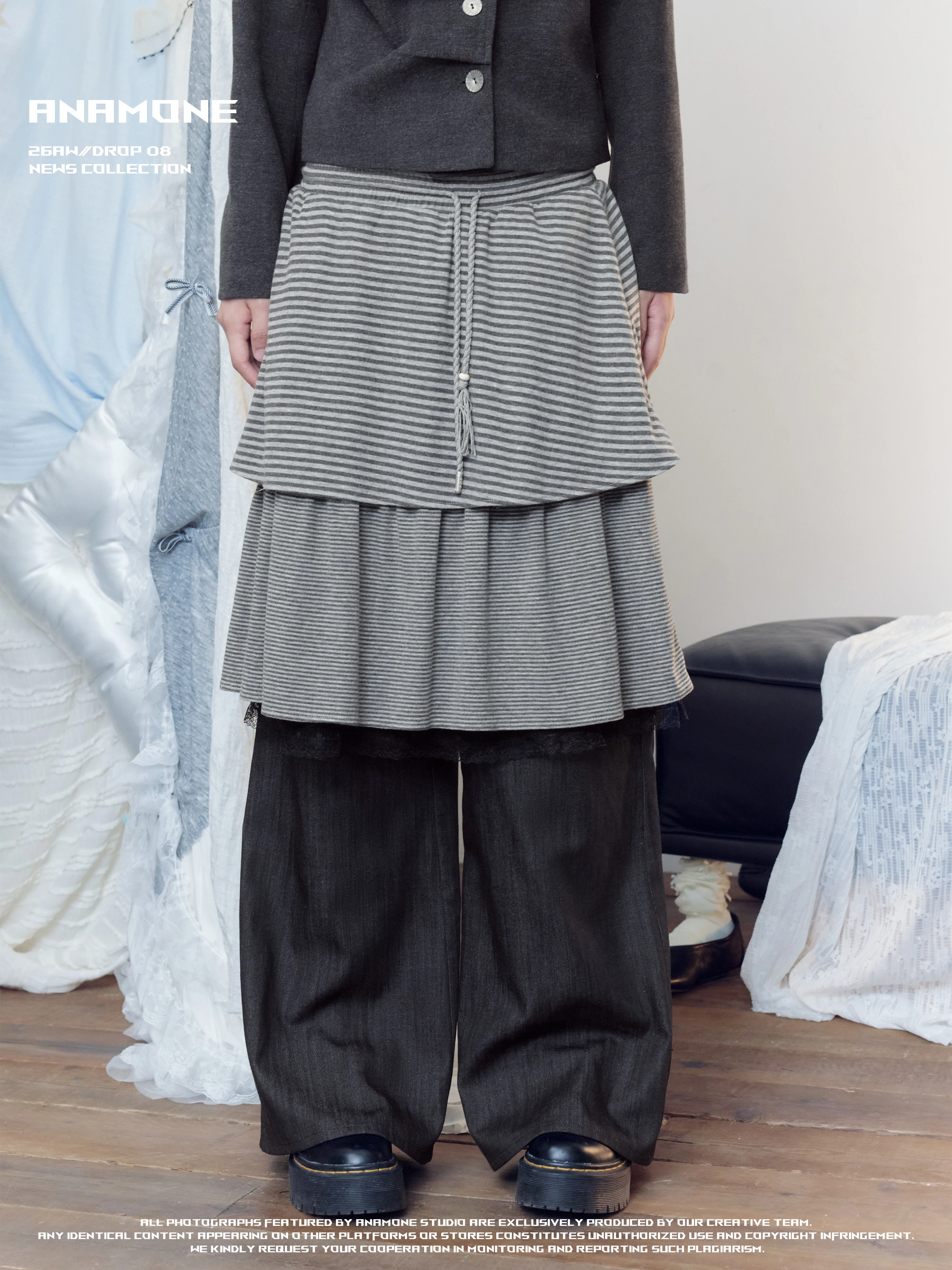ANAMONE American Retro Striped Fake Two-Piece Lace Trim Denim Skirt Women's Autumn Layering Wide Leg Long Pants Casual High W...