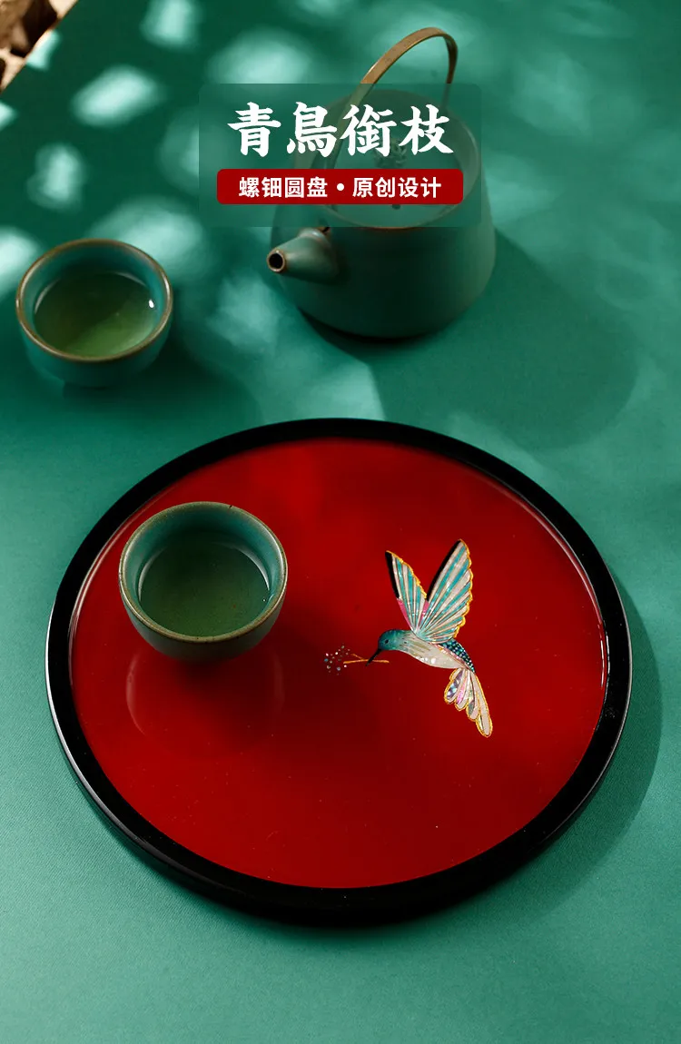 Handmade Lacquerware Wood Serving Platter Traditional Asian Dessert Fruit Tray with Shell Mosaic Perfect Home Housewarming Gift