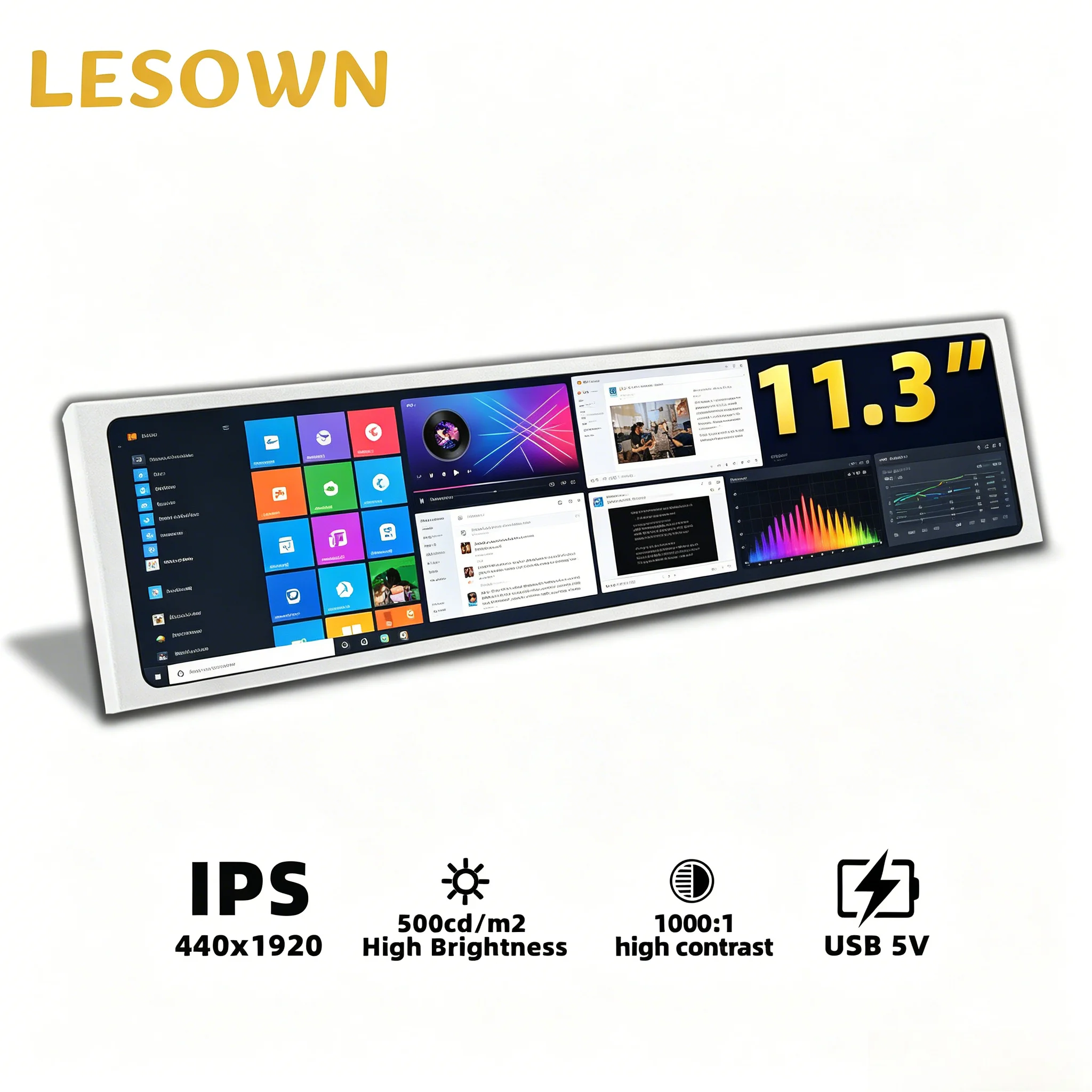 

LESOWN 11.3 Inch 440x1920 USB-C Aluminum Sub-screen 500nit Portable Strip Display Hardware Monitor for Windows Desktop