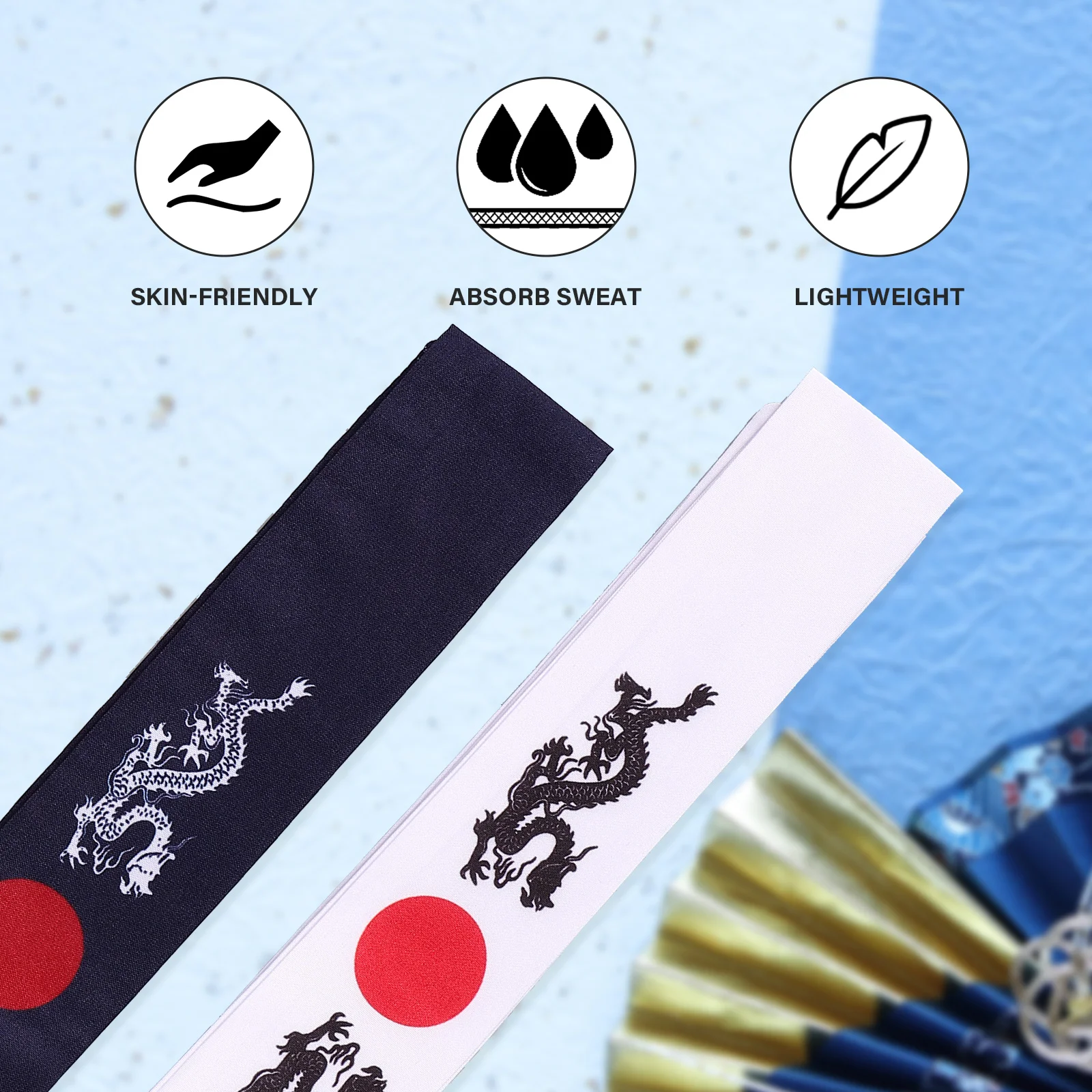 

2pcs Dragon Pattern Headbands Japanese Samurai White Blue Cotton Multipurpose Absorb Sweat Keep Cool Suitable Karate Training