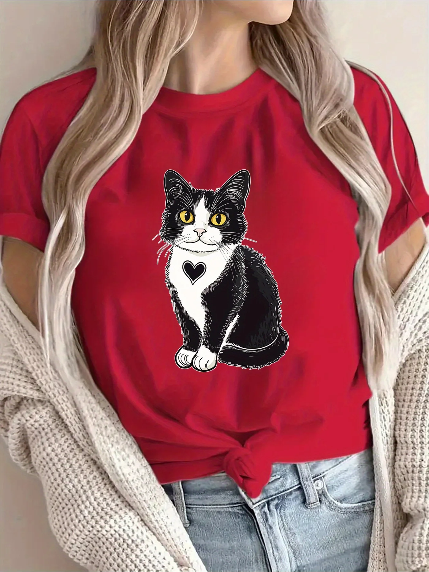 المرأة السوداء تي شيرت لطيف القط القلب تصميم عارضة قصيرة الأكمام جولة الرقبة الربيع والصيف لعوب القط القط عشاق الرسم الأعلى #4