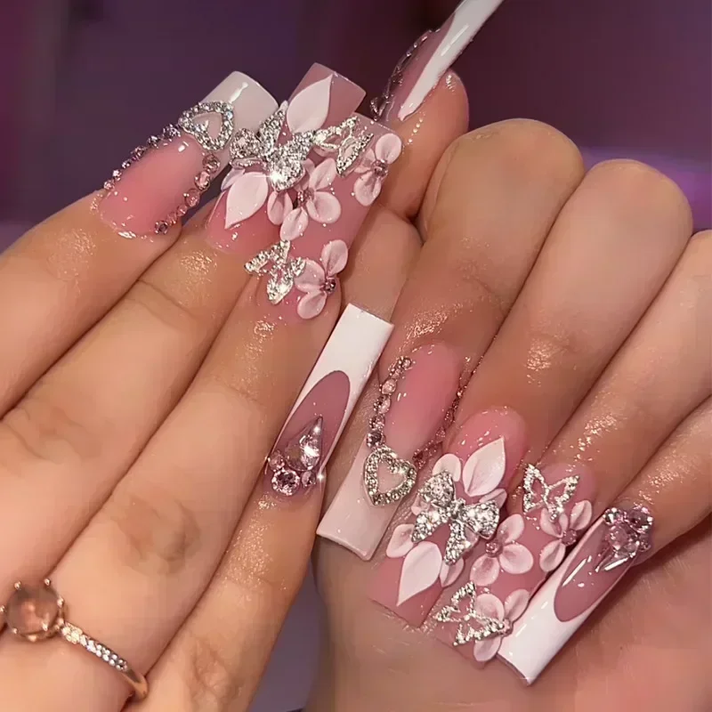 24 Uds. De uñas postizas francesas rosas con diamantes de imitación, puntas de uñas postizas acrílicas, ataúd desmontable, prensa en uñas, manicura de cobertura completa