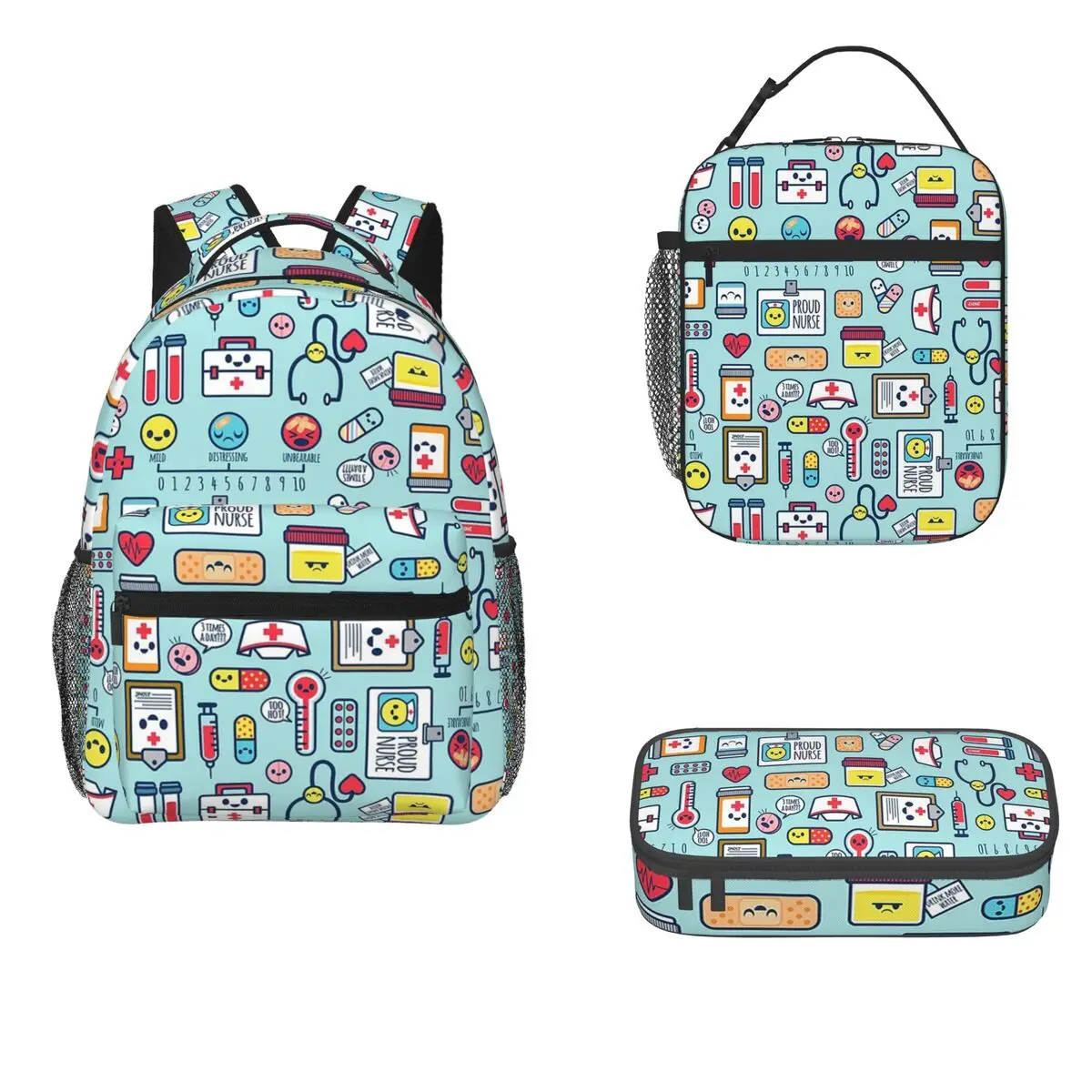 

Proud To Be A Nurse Surface Pattern Design Синие рюкзаки для мальчиков и девочек Сумка для книг Мультяшный рюкзак Сумка для обеда Сумка для ручек Набор из трех предметов