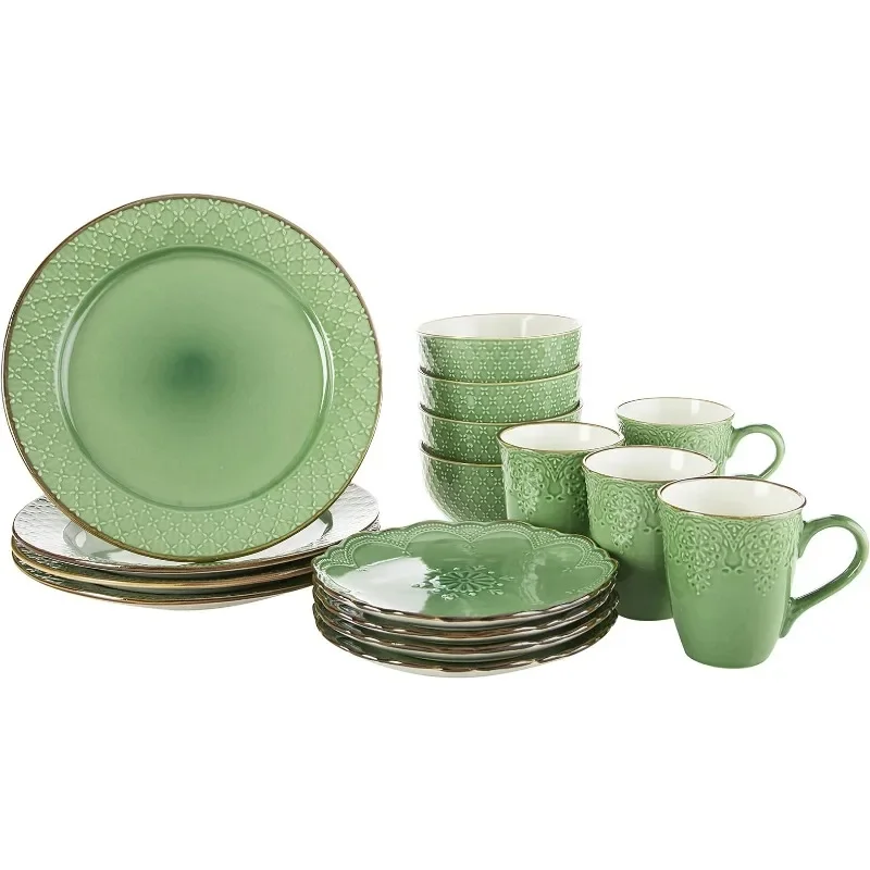 

French Lace Dinnerware Set 16 Piece Green Dinner Plate Set Dishes and Plates Sets