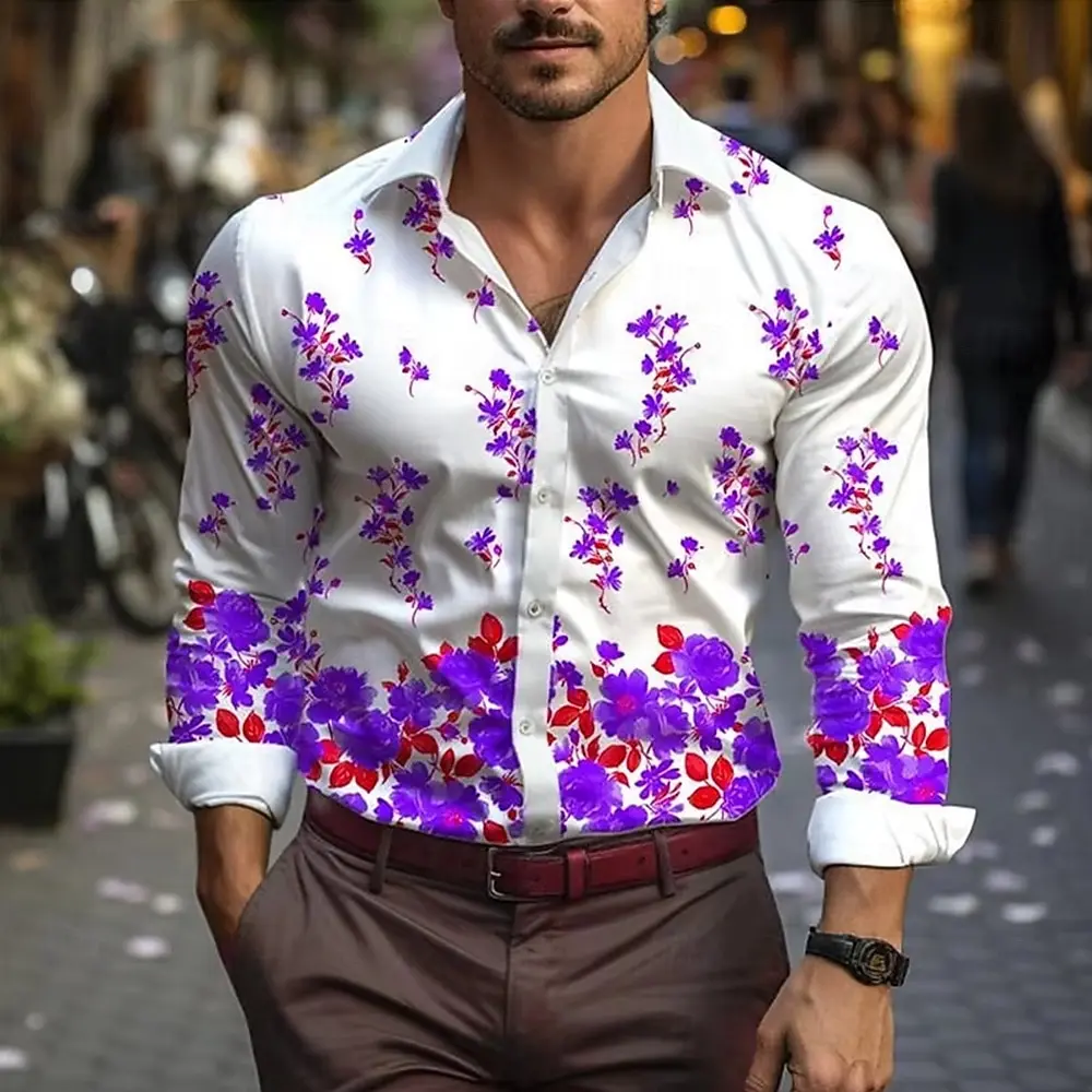 Fashion Men Long Sleeve Shirt Blue Purple Floral Print Turn Down Collar Casual Button Party Tops Men's Clothing