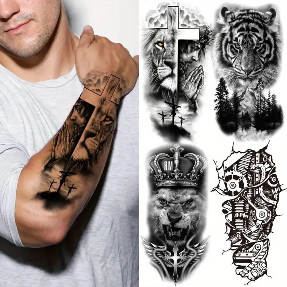

4 Sheets Lion Temporary Tattoos for Men and Women Realistic Compass Lion Fake Tattoo Forearm Tattoo Stickers