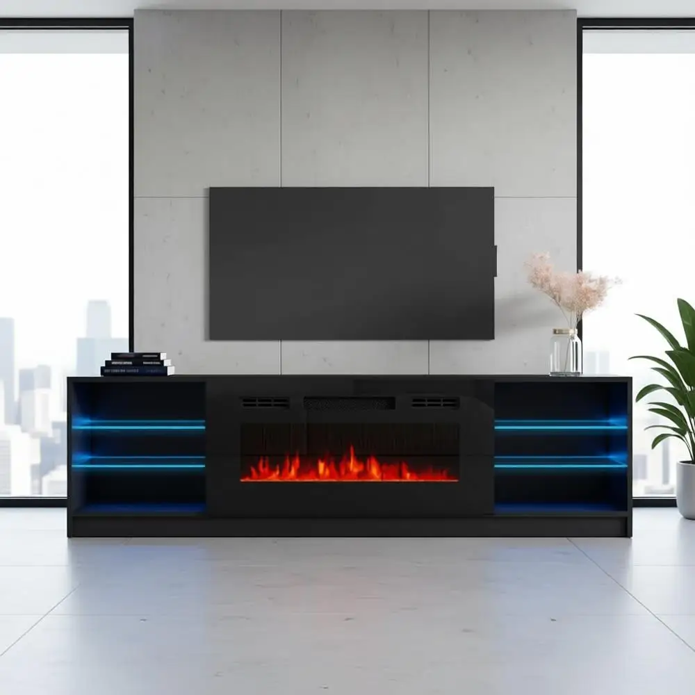 

Тумба под телевизор с глянцевым покрытием, местом для хранения и светодиодной подсветкой - развлекательный центр для телевизоров с диагональю до 90 дюймов - черный