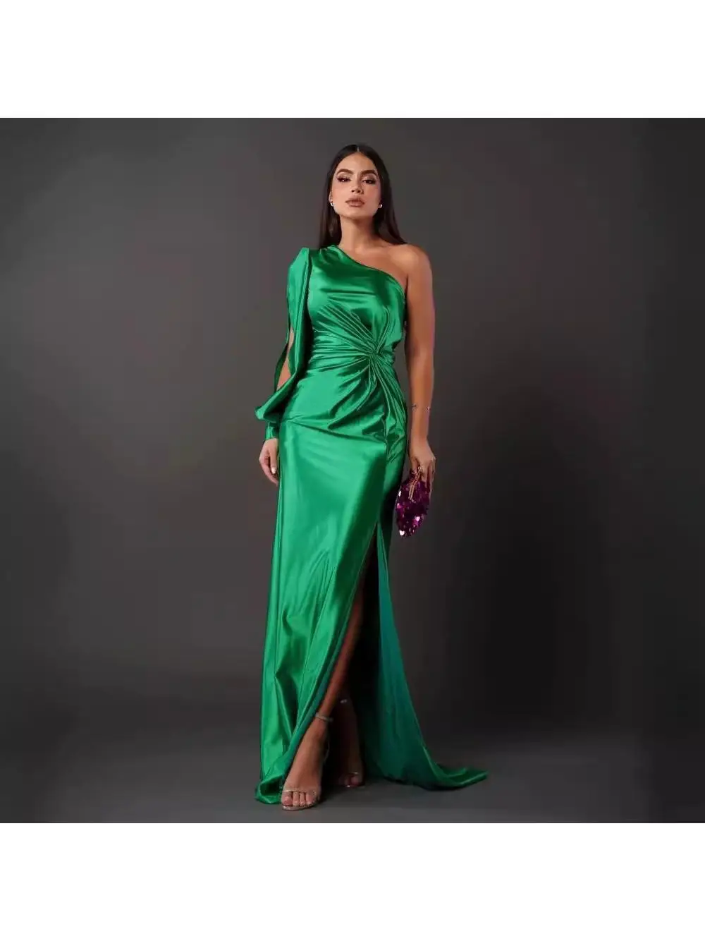 セクシーなロングスリットスカート レディースファッション ギャザーウエスト サイドスリット ショルダーインサートスリーブ 斜め襟 エレガントなレディスタイル ロングドレス