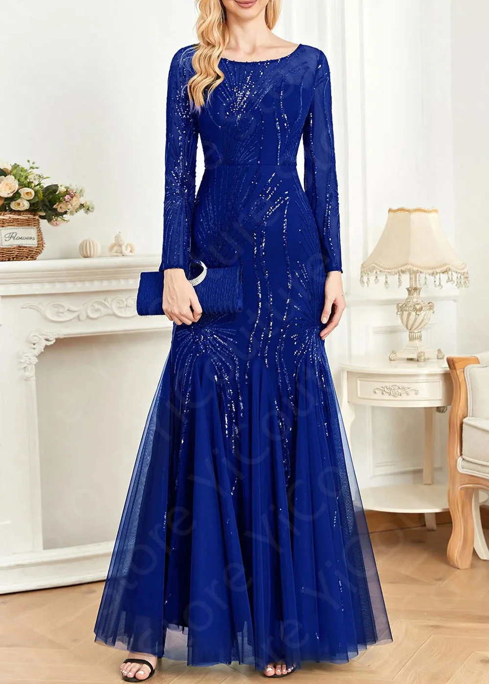 فساتين سهرة أنيقة مخصصة باللون الأزرق الملكي حورية البحر فساتين حفلات بأكمام طويلة متألقة لحفلات الزفاف خط عنق الوهم #3