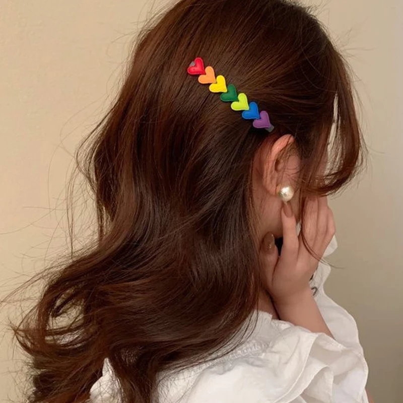 INS Blogger Same Model Korean Cute Rainbow Love Heart Hairpins Hairgrips Summer Color Barrettes Hair Clips For Women Accessorie