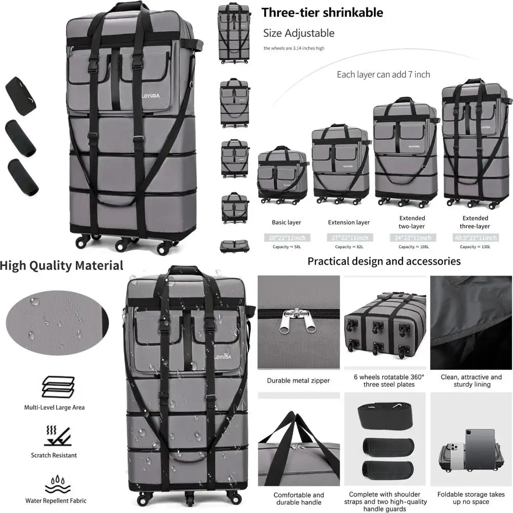 

Expandable 130L Rolling Duffle Bag - 40 Inch Collapsible Luggage with Wheels for Travel