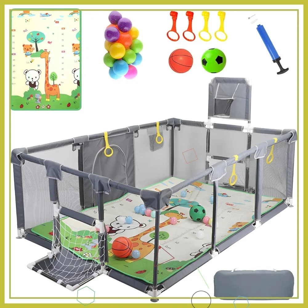 

Upgraded Playpen with Thick Mat, Balls, Rings, Storage Bag, Basketball & Soccer - Safe Play Yard