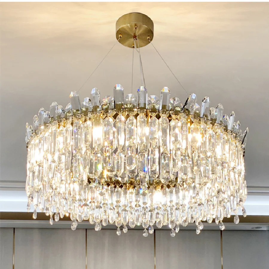 Luxury Living Room Modern E14 Pendant Lights Lustre Round Shiny Gold Metal Hanging Lamp Quality K9 Cystal Pendant Lighting