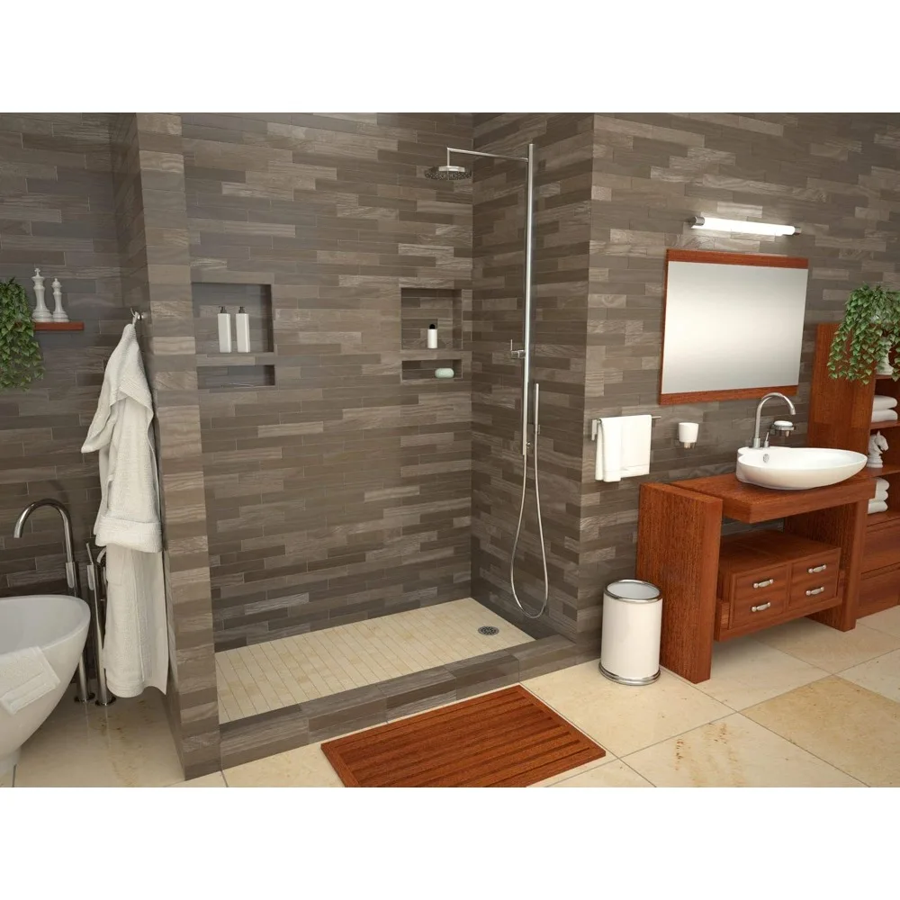 Tiled shower basin, right drain - single path along shower base, 2 