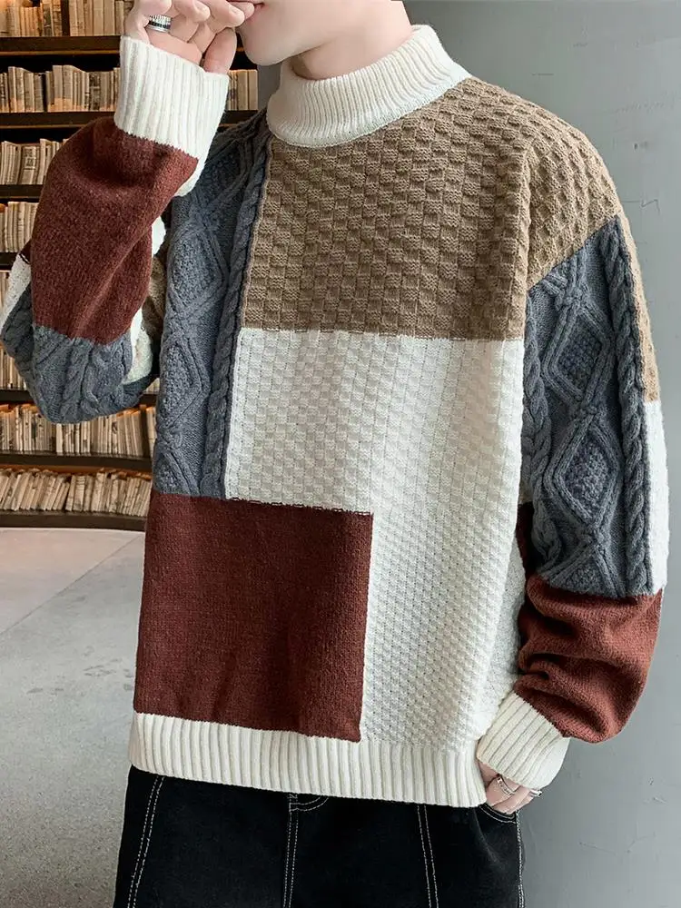 

Men's f-High Collar Knitwear Sweater Autumn Winter New Sle Warm Base Layer irt Color Blo Mid-Ne Knitted Top
