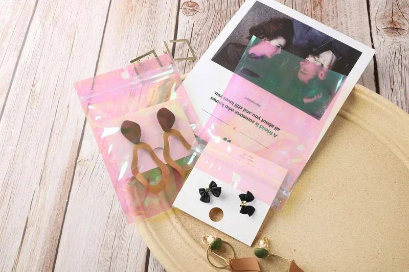 20–50 Stück Versiegelungs-Opp-Beutel, holografisch, rosa Aluminiumfolienbeutel, wiederverschließbarer Druckverschlussbeutel für Schmuck, Einzelhandel, zum Aufhängen von Display-Verpackungen – Detail 7