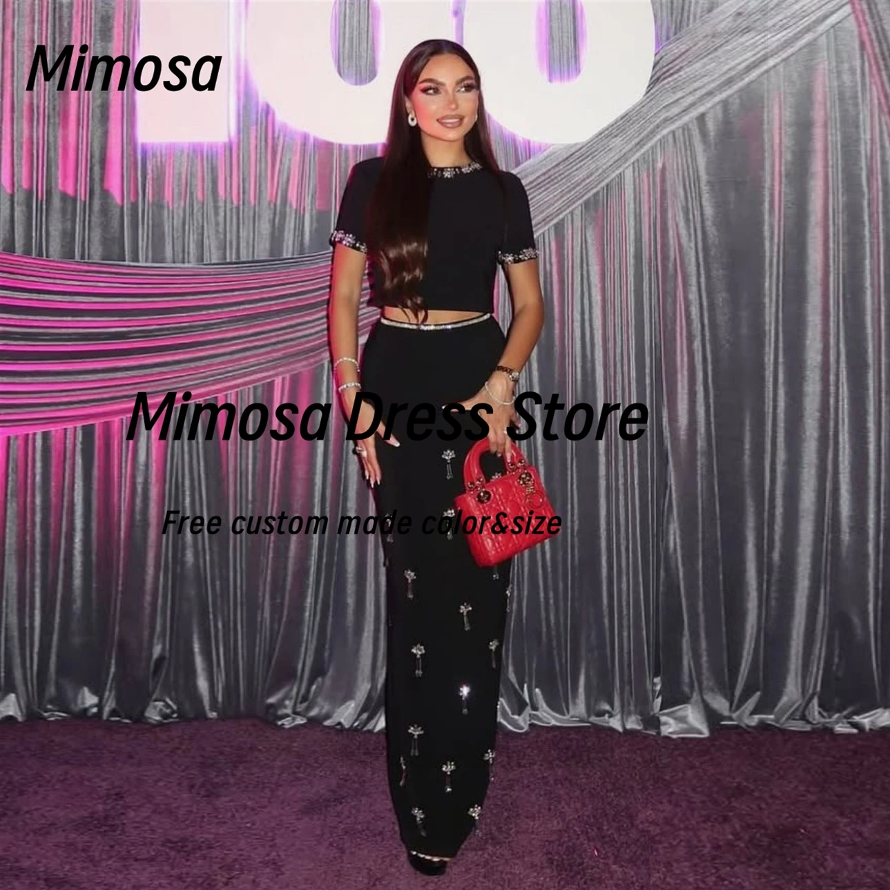 

Mimosa Two Pieces Black Dresses for Weddings O-Neck Short Sleeves Prom Dress Bespoke Beaded Evening Party Gowns Customized