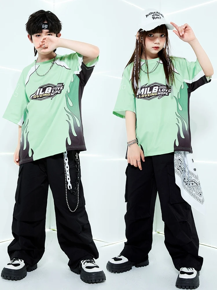 

Kids Clothing Green Loose Tops Black Cargo Pants Suit Girls Jazz Modern Dance Costumes Boys Hip Hop Performance Wear DQS15978