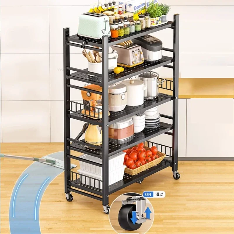 Kitchen Cabinets Folding Storage Rack Installation-free Floor Removable Multi-layer Pot Storage Rack Home Snack Storage Shelf Z