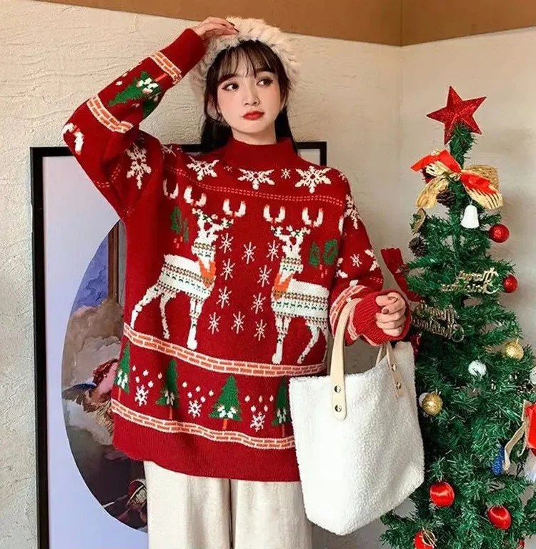 

Christmas Knitted Sweater Women's Loose Long Sleeve Overhead Woolen Clothes Couple's