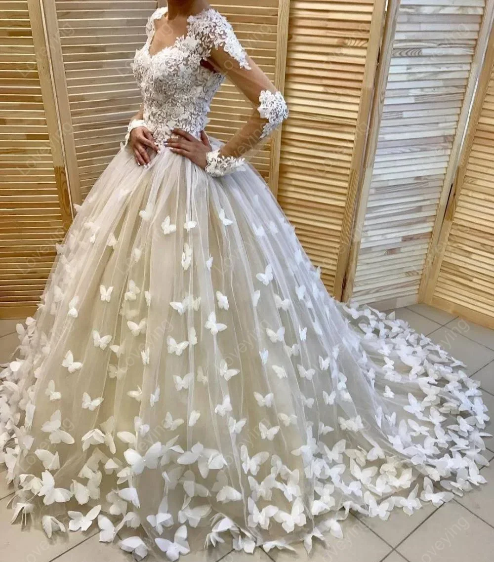 Maßgeschneiderte neue Ankunft V-Ausschnitt Spitze Applikationen Ballkleid Brautkleider Vestidos De Novia Sweep Zug Schmetterling Blumen Braut