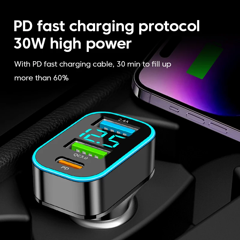 Elough 66W 3 Ports USB Car Charger Fast Charging Type C Lighter PD Car Phone Charger Adapter For iPhone 14 Samsung Huawei QC 3.0