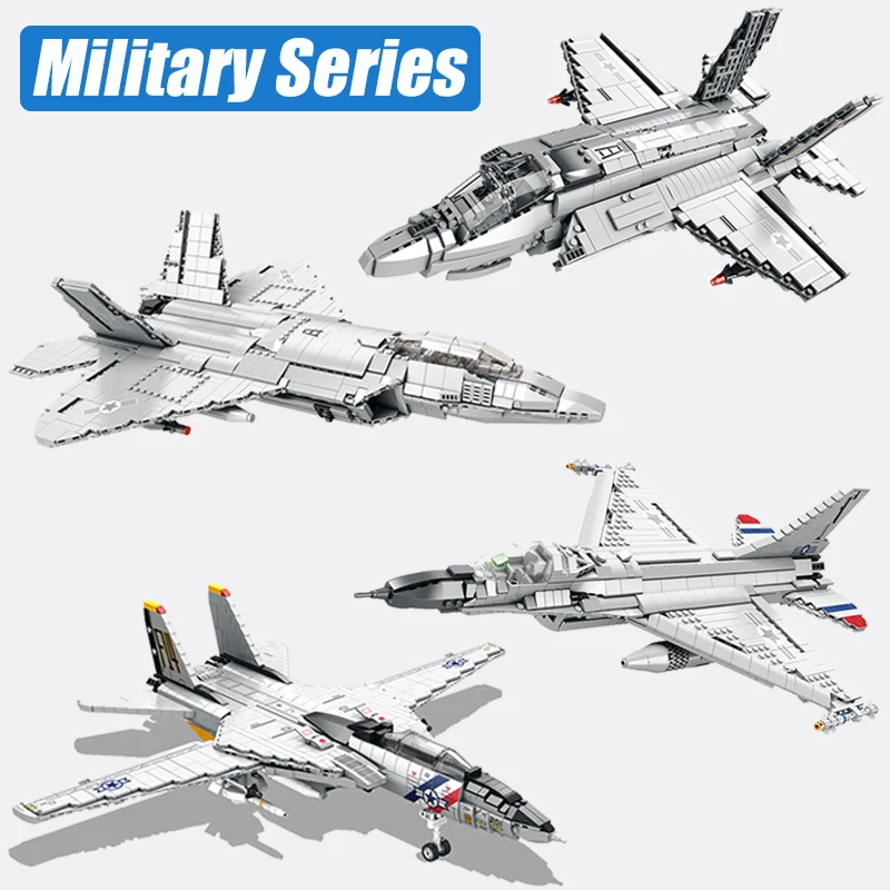 

MOC Military Series Jump Jets F14 F16 F18 F22 F35 Aircraft Building Blocks War Fighter Model Bricks Toys For Childrens Boy Gifts
