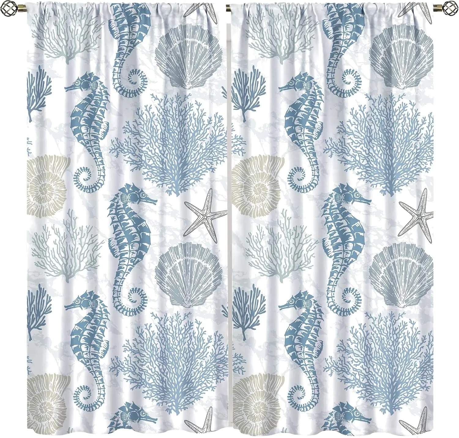 Minimalist Marine Seahorse Curtain Panels, Pale Blue Coral Shell Starfish White Background Pattern Drapes for Balcony Decoration