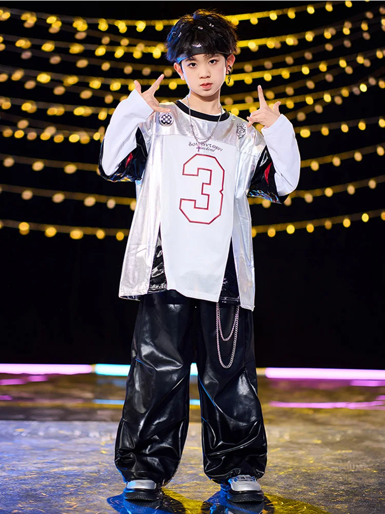 طفل الجاز ملابس رقص الحديثة لفتاة رقم 3 طباعة قصيرة الأكمام بلايز جلدية السراويل السوداء دعوى الأولاد الهيب هوب ملابس الرقص مجموعة