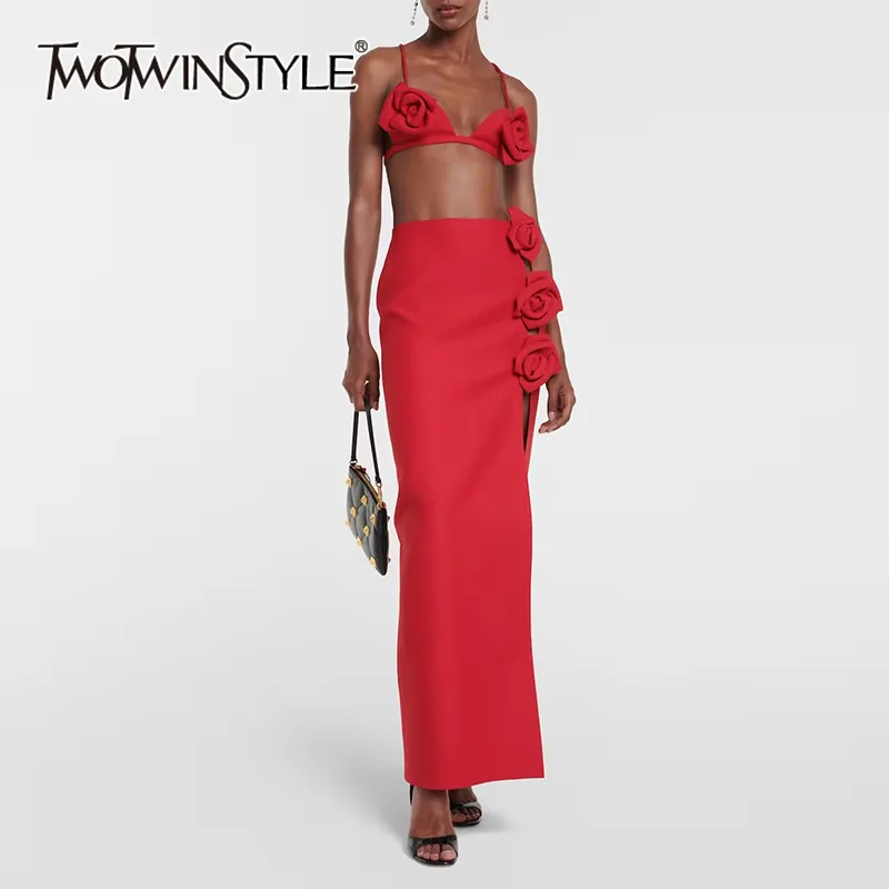 

TWOTWINSTYLE Red Flower Two Piece Sets For Women V Neck Sleeveless Vest High Waist Split Skirts Chic Solid Set Female Fashion