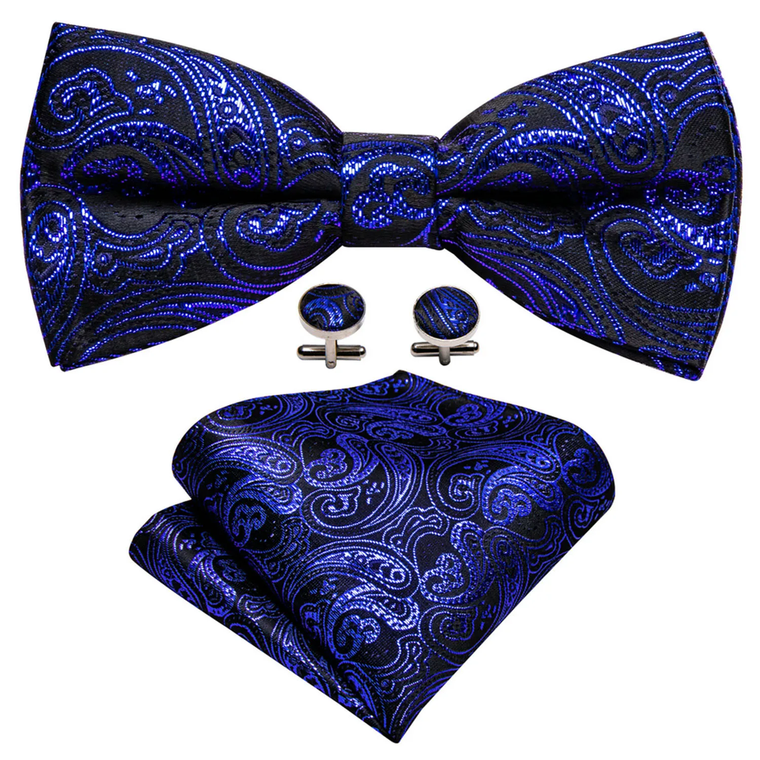 Barry.Wang Jacquard-Herren-Fliege, grün, grün, blau, mit Blumenmuster, Paisley, solide, vorgebundene Fliege, Einstecktuch, Manschettenknöpfe, Set, Vorhochzeitsfe