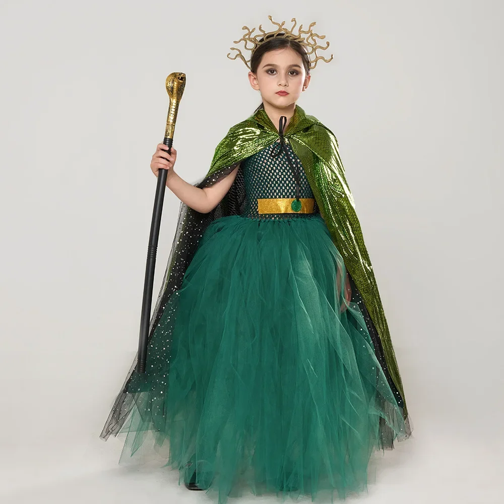 

Green Medusa Girls Costume With Headpiece For Kids Cosplay Halloween Medusa Dresses Greek Roman Kids Fancy Gown Tutu Dress 2024