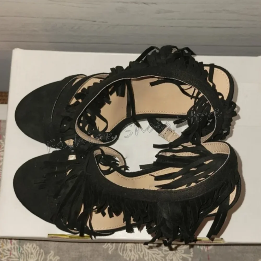 

Black Hollow Out Tassels Decor Sandals Open Toe Women Shoes Stilettos High Heels Party Banquet Dating 2025 Zapatos Para Mujere