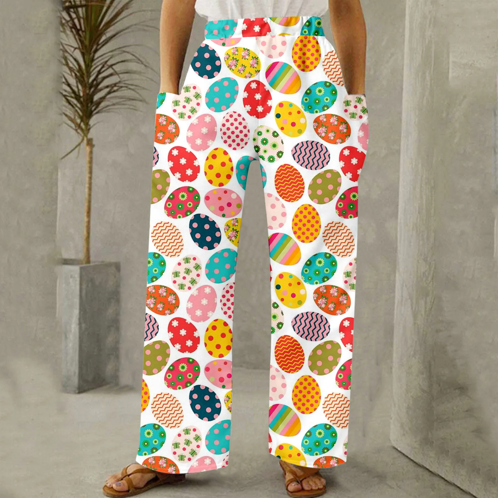 Pantalones de pierna ancha con estampado de huevos de Pascua para mujer, pantalón con bolsillo, cintura elástica, informal, vacaciones, Primavera, día de Pascua