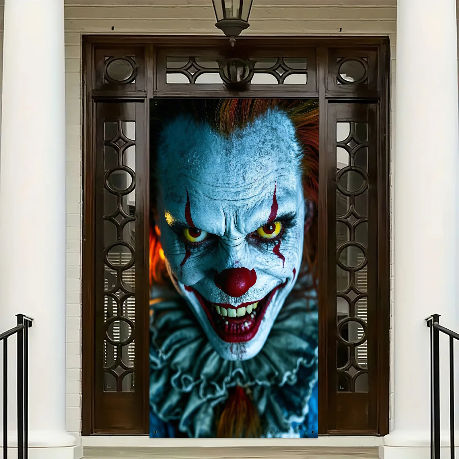 2D flat banner 1PC Halloween theme, scary clown design, blood-red eyes and red lips, terrifying Halloween party decoration view 6