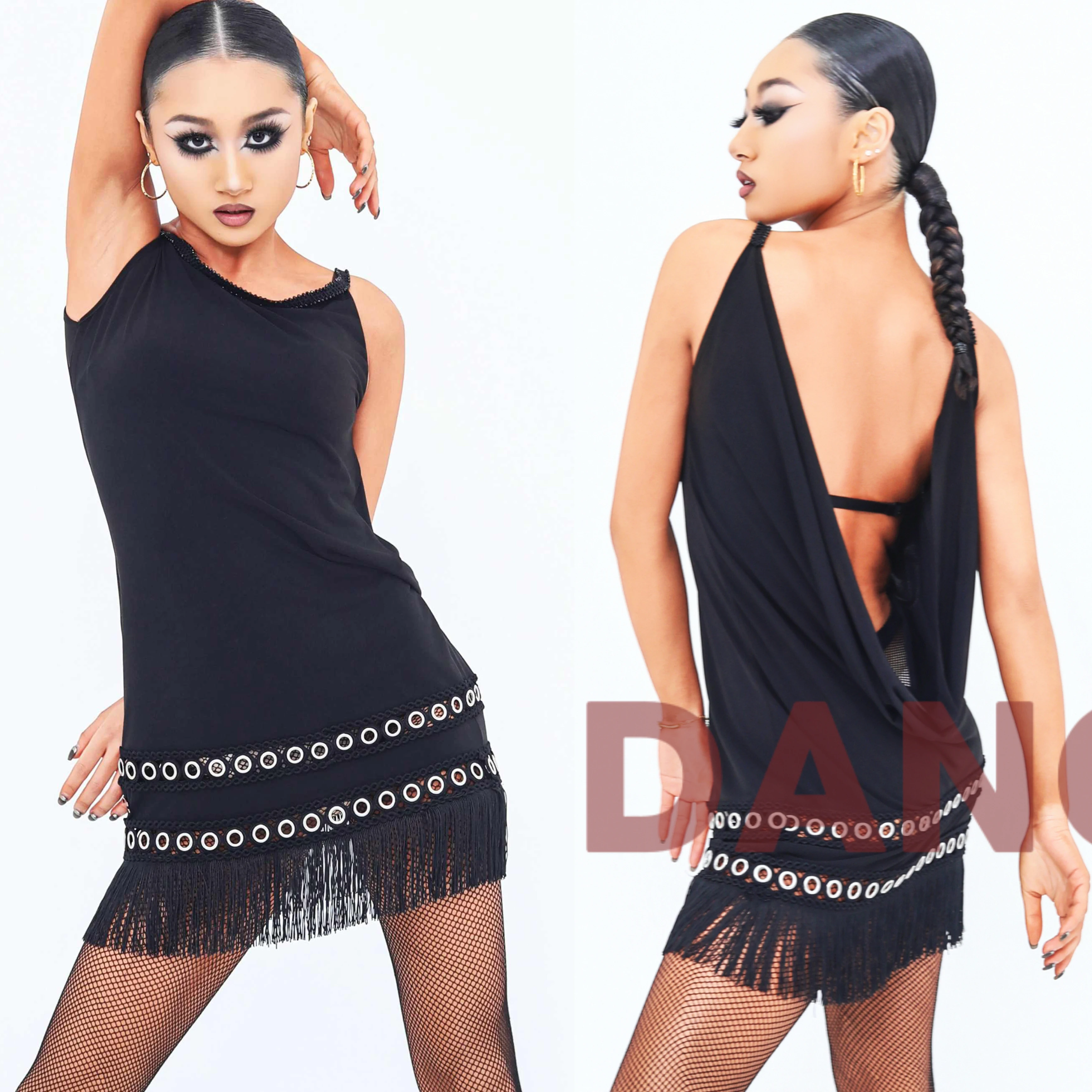 فستان رقص لاتيني بدون ظهر للنساء ملابس ممارسة بدون أكمام شرابة سوداء فستان قصير للكبار رومبا تشا تشا ملابس رقص DNV25927 #1