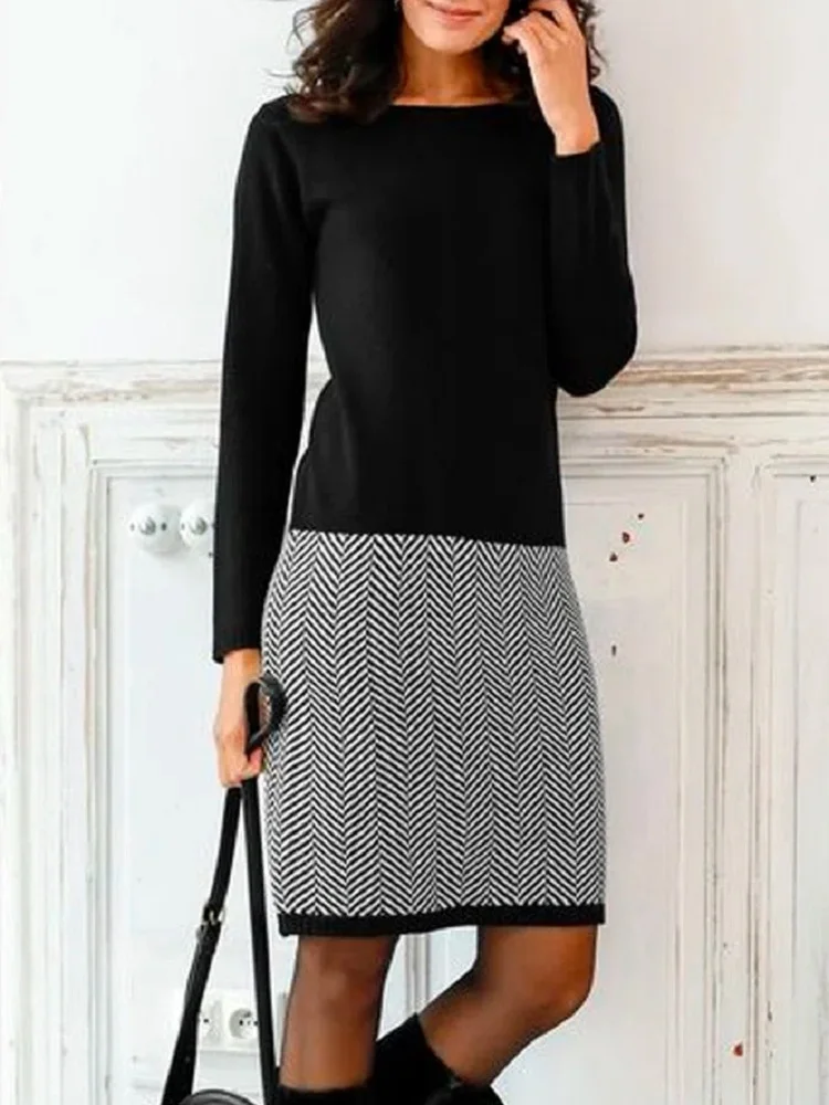 Women\'s Long Sleeve Solid Splicing Houndstooth Slim Bottoming Dress