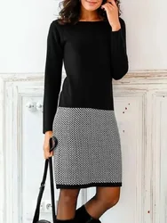 Women's Long Sleeve Solid Splicing Houndstooth Slim Bottoming Dress