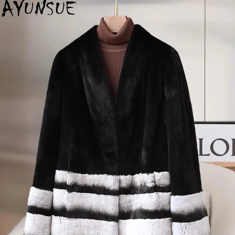 AYUNSUE Natural Mink Fur Coat for Woman Rex Rabbit Fur Full Mink Fur Coats 2025 New Elegant Coat Woman Clothing Fourrures Femmes