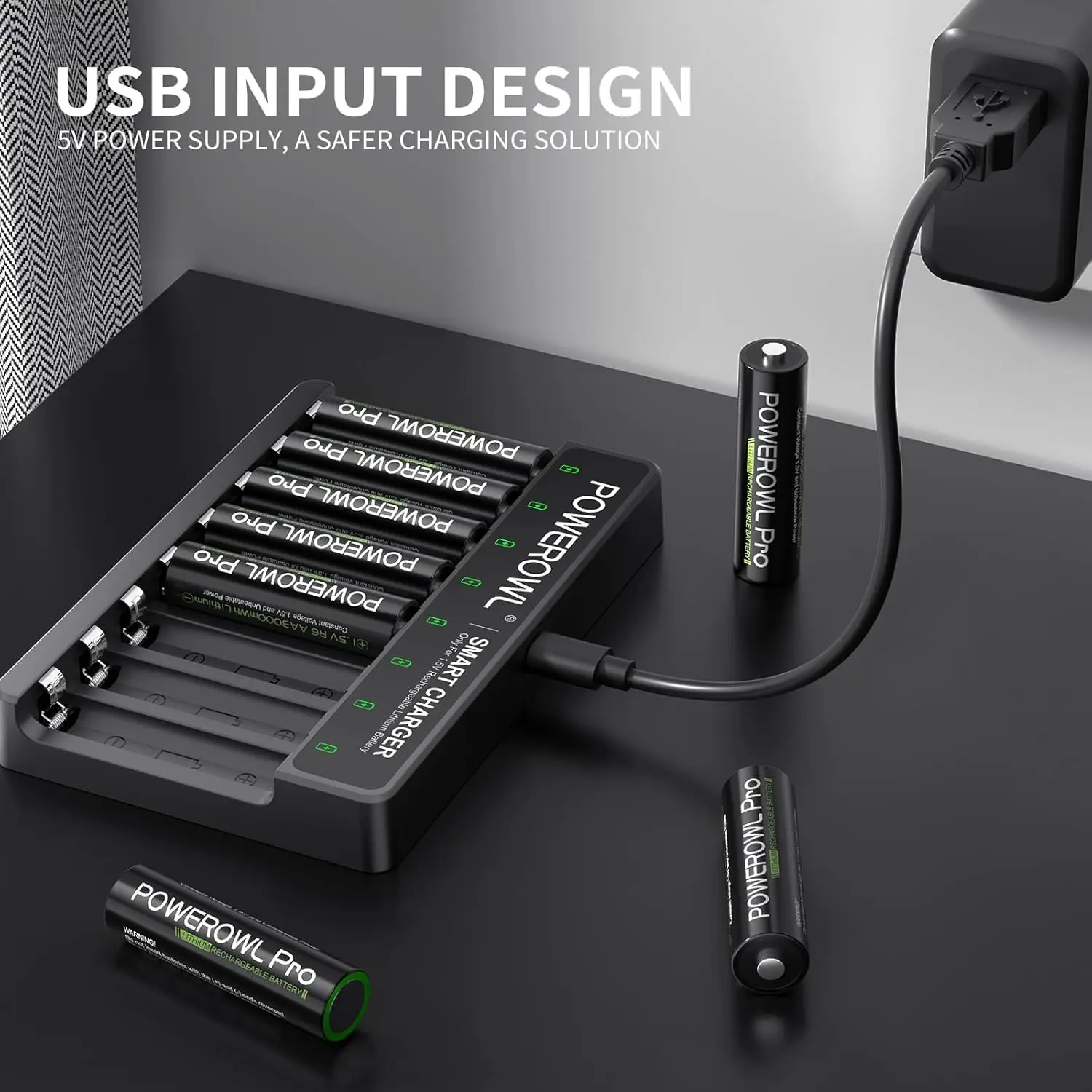 بطاريات ليثيوم AA قابلة لإعادة الشحن مع شاحن، بطارية مزدوجة 3600 ميجاوات في الساعة 1.5 فولت - 8 عبوات