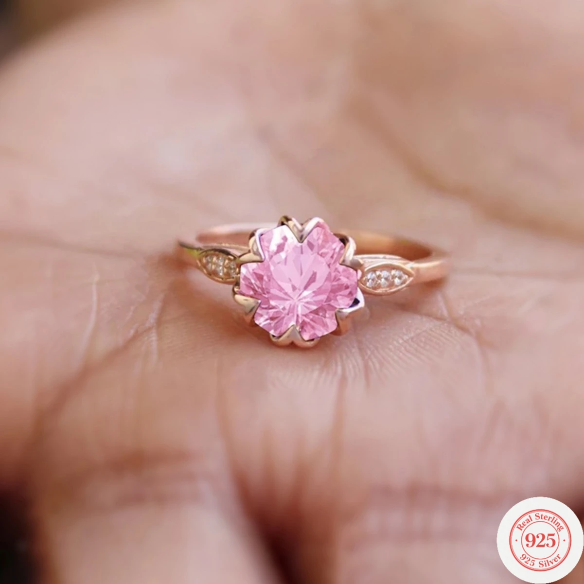 

S925 sterling silver women's exquisite pink gemstone flower ring, rose gold with diamonds, niche design women's ring jewelry, wo